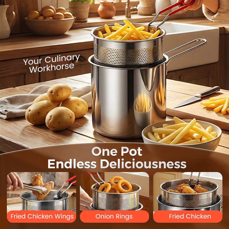Stainless Steel 1200Ml Deep Fryer Pot with Strainer – Heavy-Duty Frying Pan
