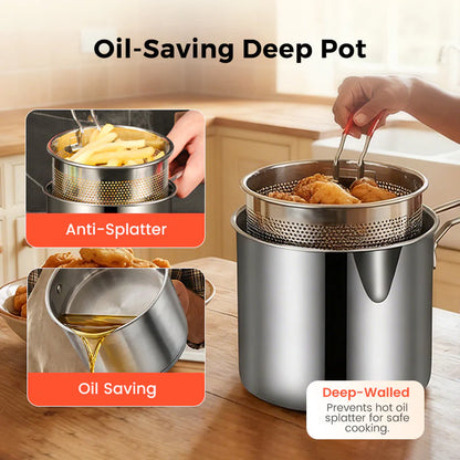 Stainless Steel 1200Ml Deep Fryer Pot with Strainer – Heavy-Duty Frying Pan