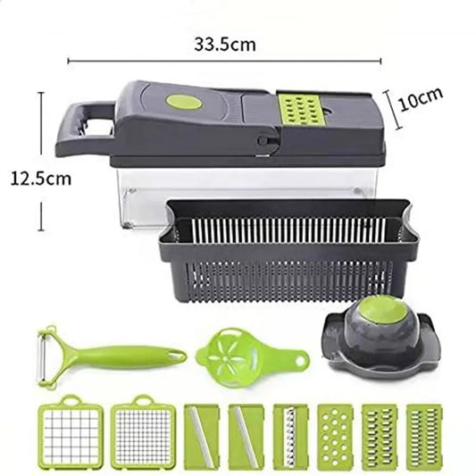 16-In-1 Multifunctional Vegetable Chopper & Slicer with Colander Basket and Storage Container – Heavy Duty Manual Food Cutter